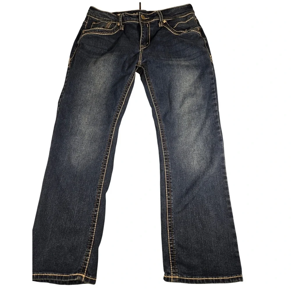 Western Bull Mens Straight Fit Jeans Dark Wash Horseshoe Embroidery 36x30 Blue